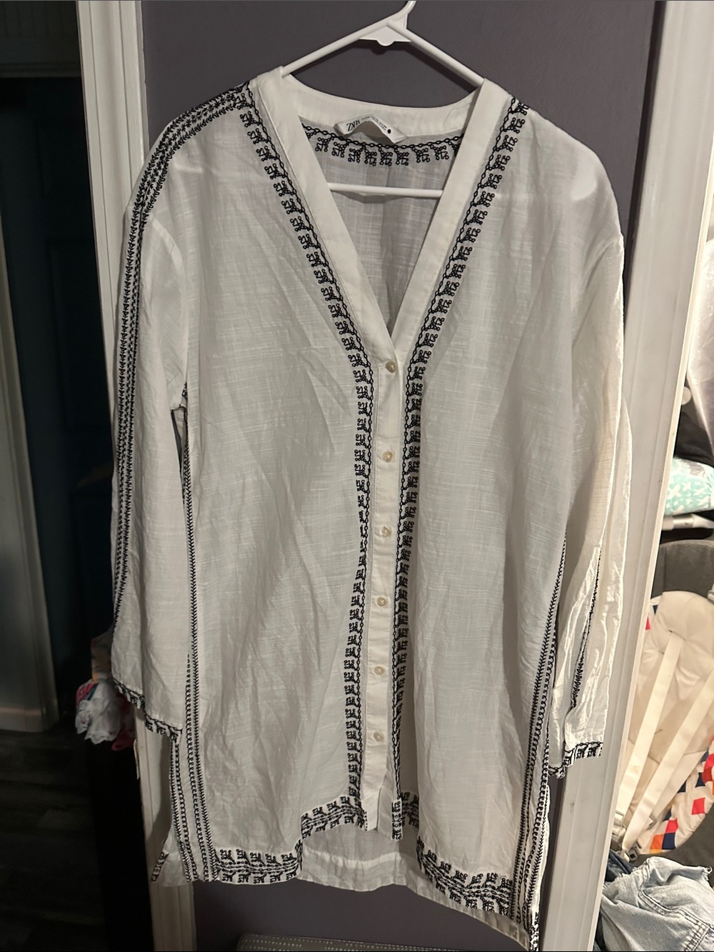Zara White Swim Coverup with Black Embroidered Trim